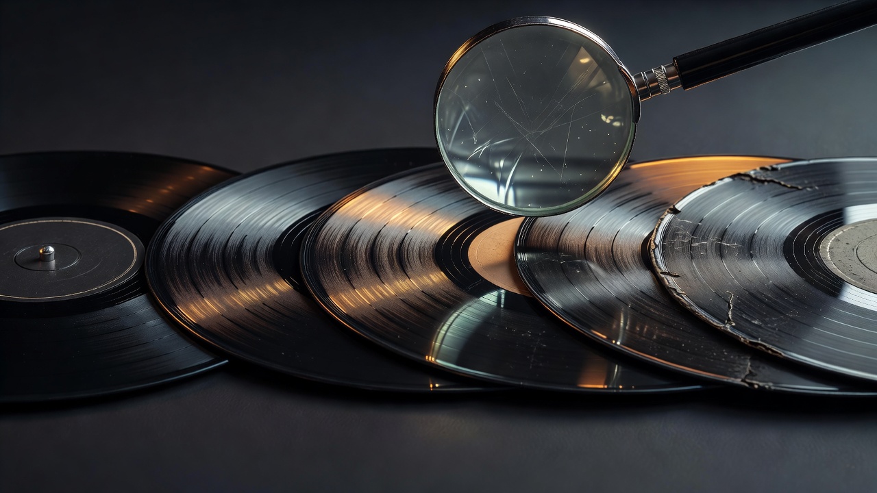 Collection de vinyles exposés sous différents angles montrant les états de Mint à Poor